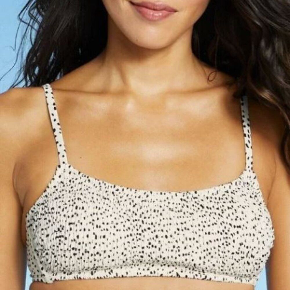 XHILARATION Large Smocked Bralette Bikini Top Cream Black Polka Dots Padded